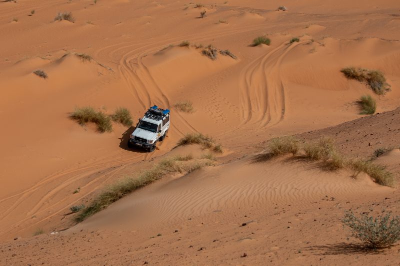 Car facing the dunes in the Real Way to Dakar 2020